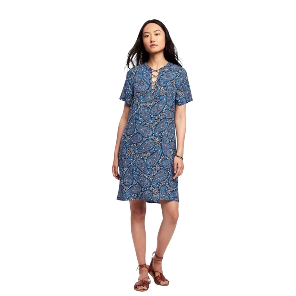 Old Navy Blue Paisley Short Sleeve A-Line Dress Lace-Up Neck Size Medium